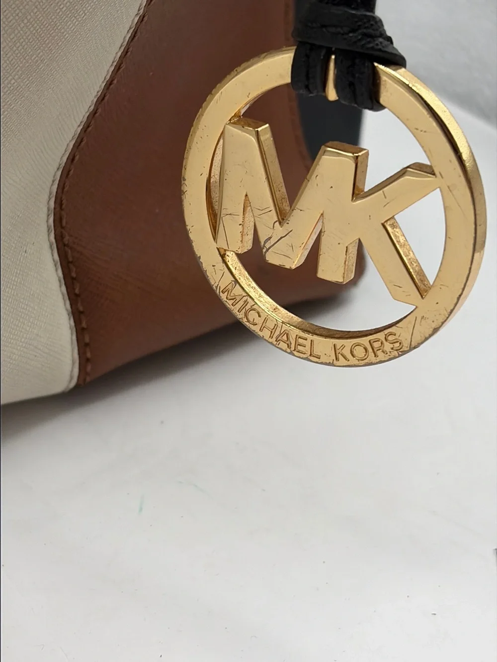 Michael Kors Sutton Large Center Strip Satchel Bag Color Block White Brown Black